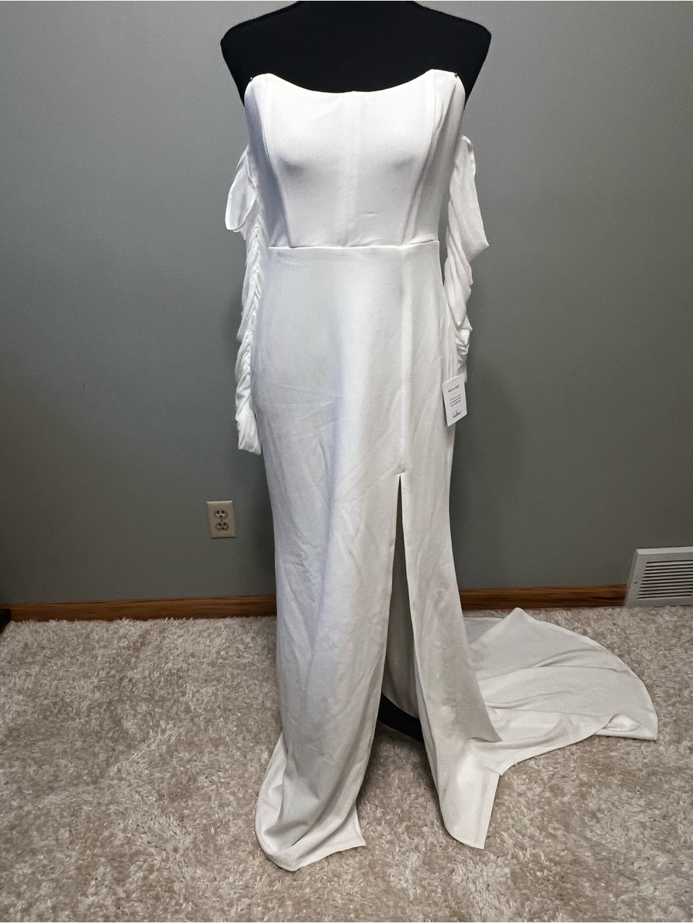 Lulu's White Off-Shoulder Bridal Gown with Front Slit